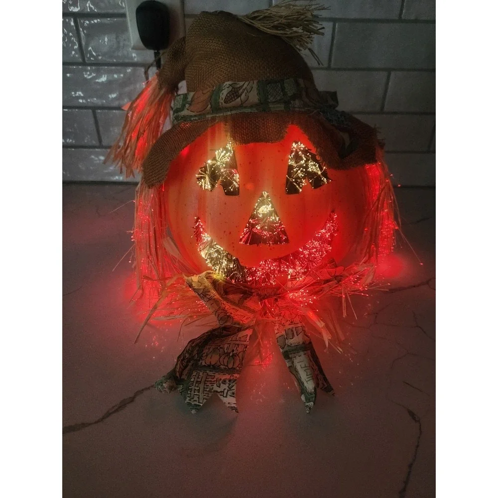 Vtg. Halloween Scarecrow Fall Pumpkin Fiber Optic Color Changing Jack O Lantern